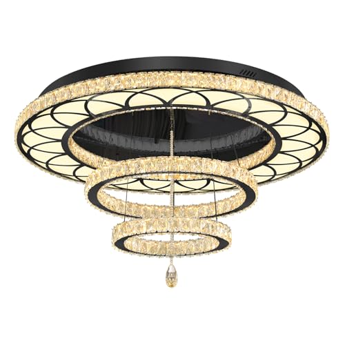 Large 48in Crystal Ring Chandelier Modern Black Crystal Chandeliers LED Dimmable Flush Mount Chandelier Crystal Ceiling Light for Living Room Bedroom Foyer (Black / W:48inches)