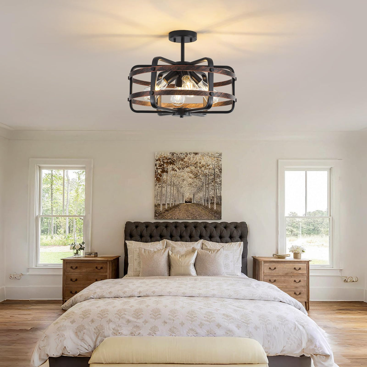 17.71'' Farmhouse Cage Semi Flush Mount Ceiling Light Fixture 4 (17.71''-Black&Brown-E26)
