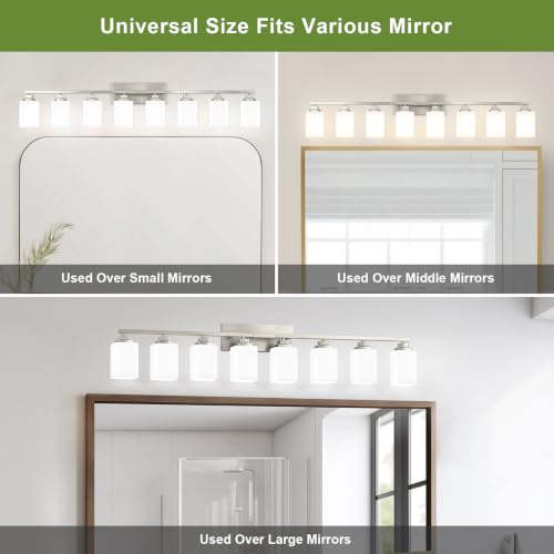 Brushed Nickel Bathroom Light Fixtures (Nickel-White Shade / 8-Light)