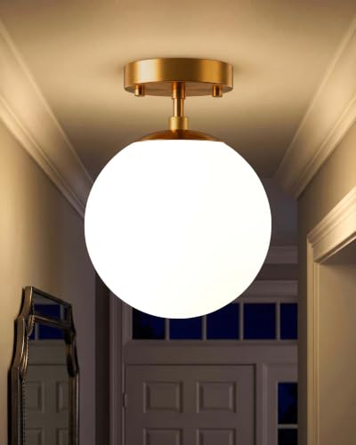 Semi Flush Mount Ceiling Light 8" Globe Mid Century Modern Light Fixture Milk Glass with Champagne Bronze Finish Light Fixtures for Hallway Entryway Kitchen Island Closet Laundry Bathroom (Champagne Bronze-8" / 1 Pack)