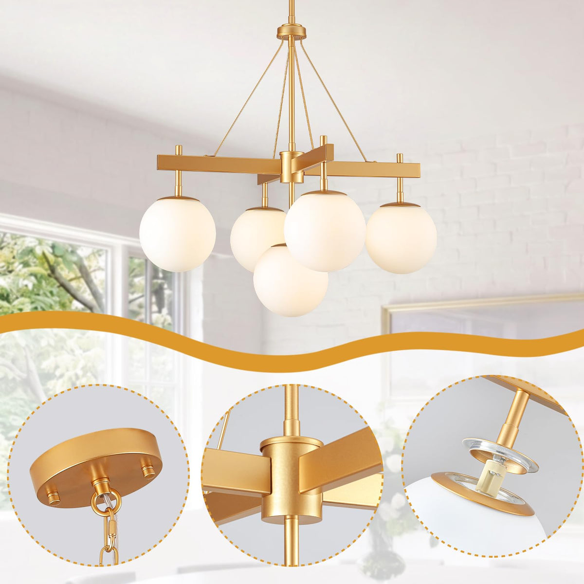 5 Light Gold Dining Room Chandelier (White and Gold)