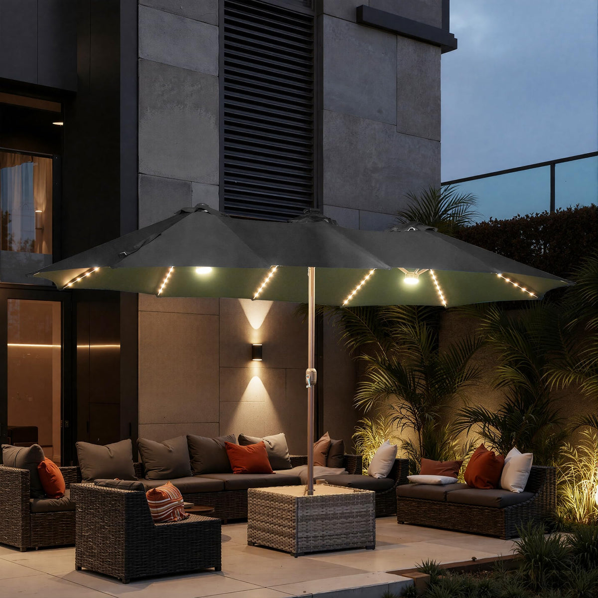 15FT Double Sided Rectangular RGB LED Patio Umbrella with Remote & App Control (Dark Gray)