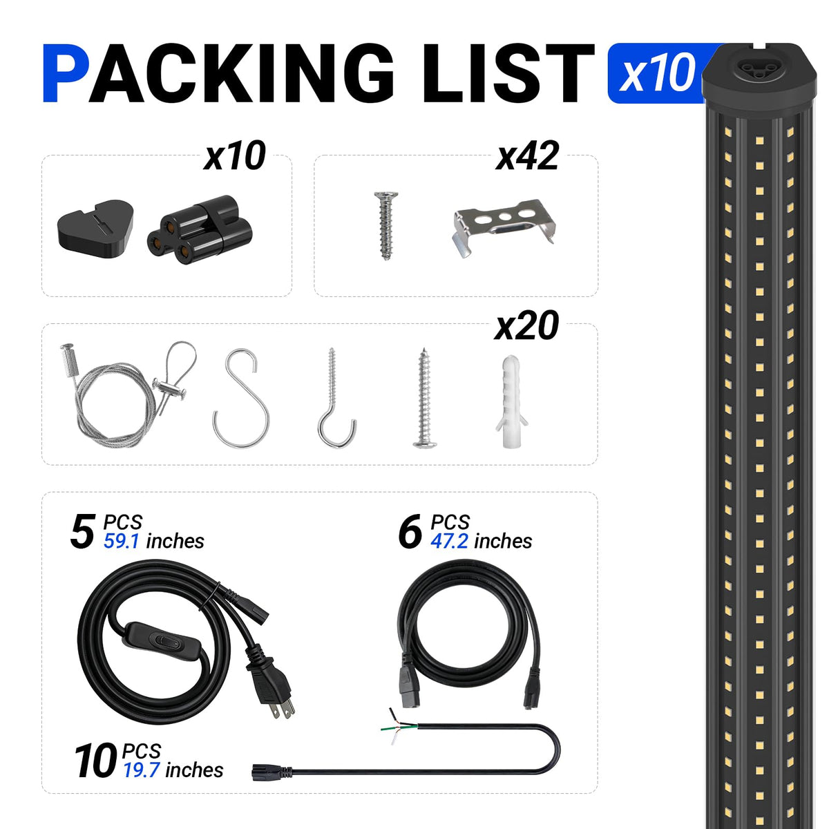 T8 LED Shop Lights 8FT (5000K-Black / 8ft-10 Packs)