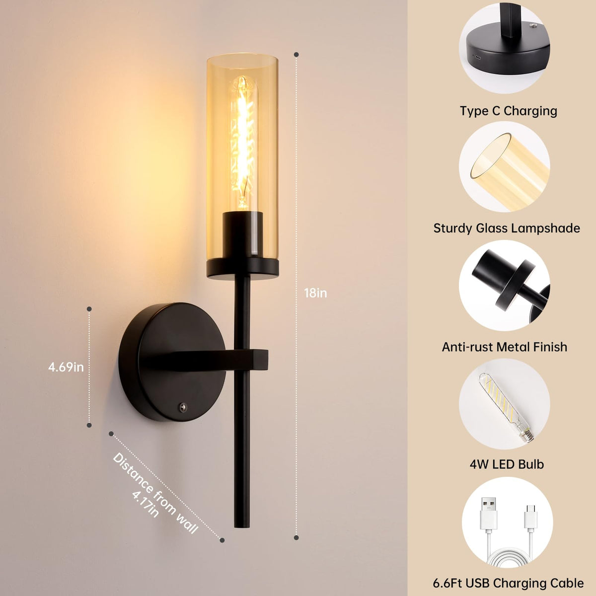 Set of 2 Wall Sconces (Black & Amber)