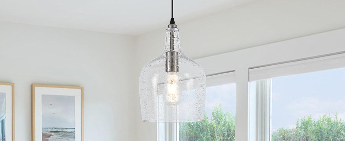 9” Brushed Nickel Seeded Glass Pendant Light Modern 1 Light Single Dome Pendent Lighting Fixtures for Kitchen Island Dining Room Hallway (Brushed Nickel-Seeded)