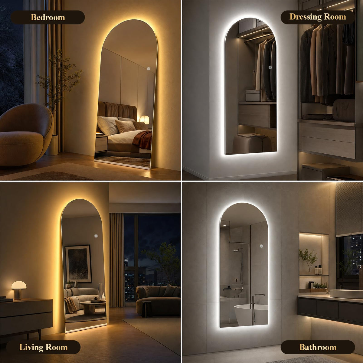 65"x26" Large LED Arched Mirror Full Length with Dimmable Lights (Frameless / 65"L x 26"W)