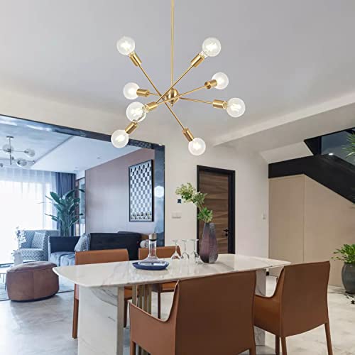 Modern Sputnik Chandelier Brushed Brass Brushed Nickel Black ORB Mid Century Pendant Lighting Industrial Vintage Flush Mount Kitchen Dining Room Ceiling Light Fixture with Adjustable Rods