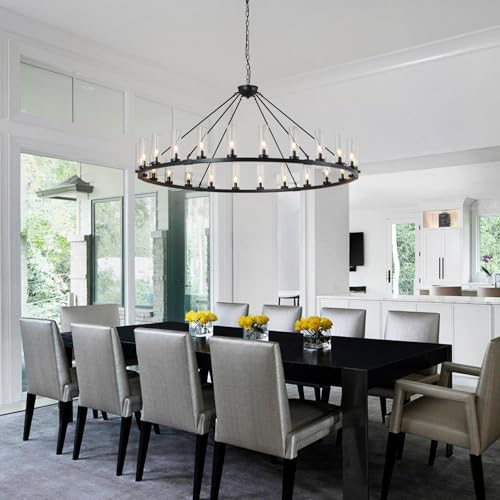 24 Light Large Wagon Wheel Chandelier with Clear Glass Shade Black Round Pendant Light Farmhouse Industrial Chandeliers Dining Room Light Fixture for Stair Living Room Foyer Kitchen (Black / 1 Tier-24 Lights)