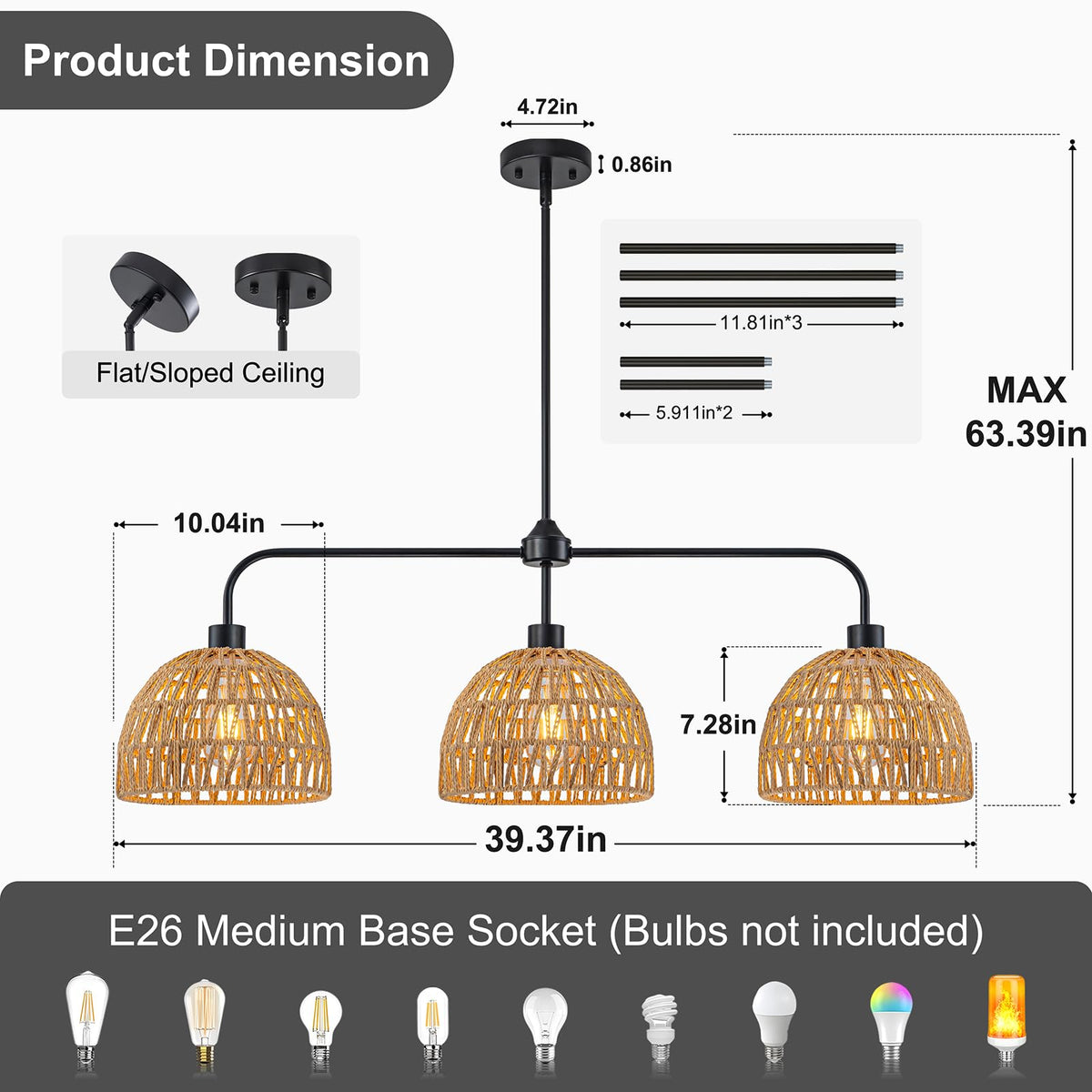 3 Light Hand Woven Rattan Kitchen Island Lighting (Black&Rattan)