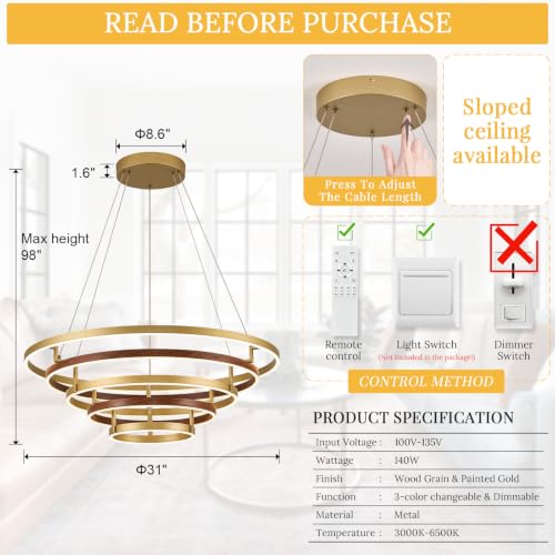 5 Ring LED Chandelier Modern Chandeliers Red Walnut Wood Gold Dimmable 31'' (Gold / 31.1 inch)