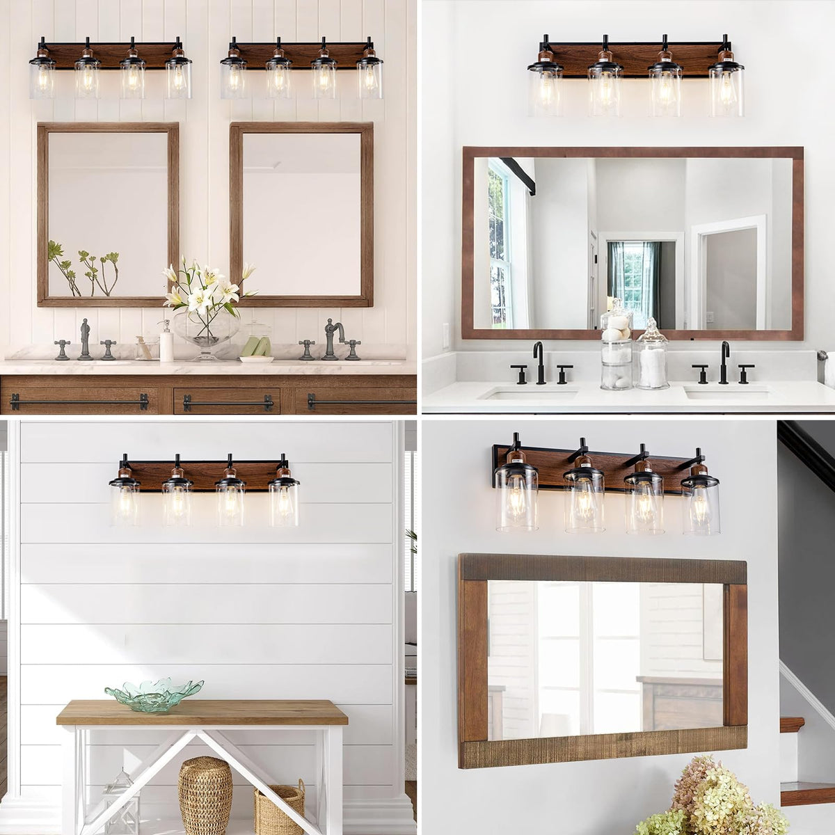 4 Light Farmhouse Bathroom Light Fixtures Vintage Bathroom Vanity Lights Over Mirror Black and Wood Painted Metal Vanity Light for Bathroom with Glass Shades E26 Socket (Black and Wood-painted / 4-Light)