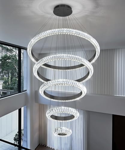 5 Ring Large Crystal Chandelier Modern LED Dimmable High Ceiling Chandelier Ring Contemporary Pendant Light Fixture for Living Room Foyer Staircase Gold D40'' (Black / 5 Ring Round 40")