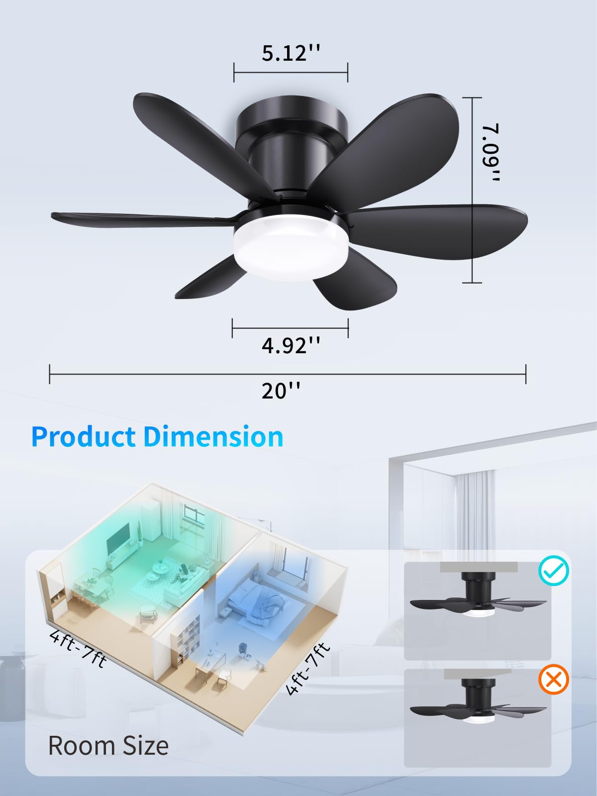 20 Inch Black Low Profile Ceiling Fans with Lights and Remote (Black / 20 Inch)
