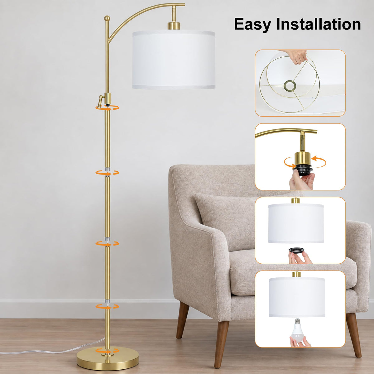 Upgraded Gold Arc Floor Lamp Adjustable Height 55 (Gold+White Shade-Arc)
