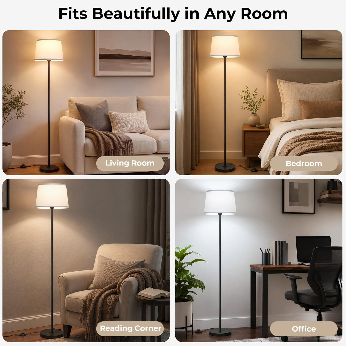 61.8" Floor Lamp for Living Room (Black+White Shade)
