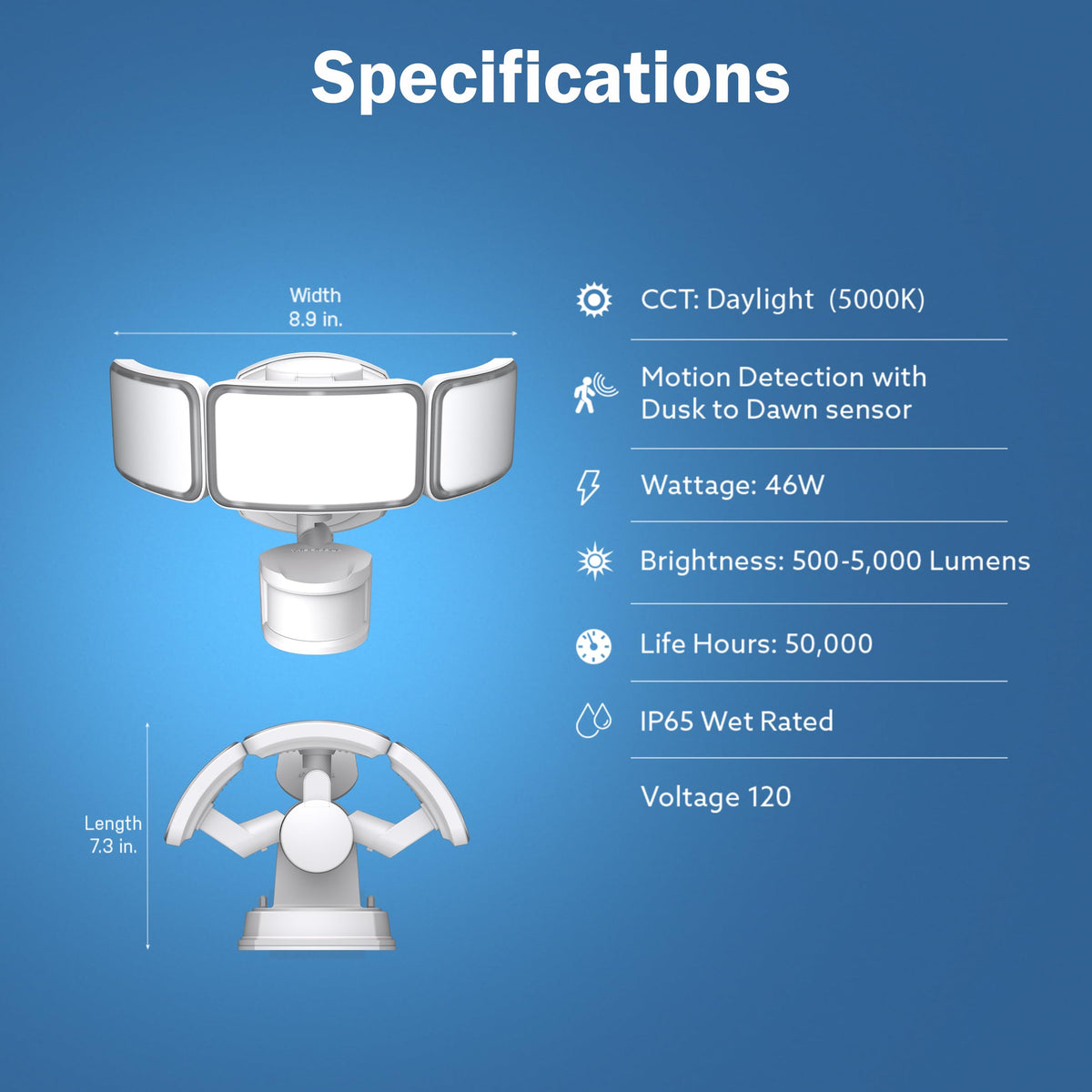 LED Outdoor Security Floodlight (White / 5000 Lumens / Motion Sensor + Dusk-to-Dawn)