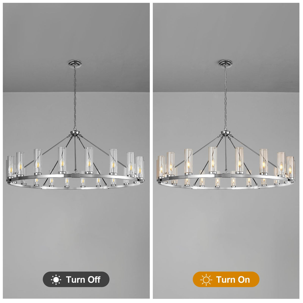 20 Light Large Wagon Wheel Chandelier with Clear Glass Shade Chrome Round Pendant Light Farmhouse Industrial Chandeliers Dining Room Light Fixture for Stair Living Room Foyer Kitchen (Chrome / 1 Tier-20 Lights)