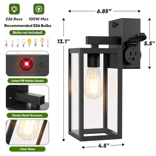 2 Pack Upgraded Motion Sensor Porch Lights with Outlet (Black / 13.1in)