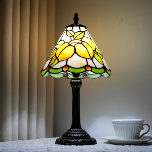 Small Tiffany Lamp Yellow Lemon Stained Glass Lamp Elegance Vintage Bedside Lamps Tiffany Style Table Lamp Cottage Living Room Bedroom Retro Home Office Desk Kitchen Night Lights Home Decor Gifts (Yellow Apricot)