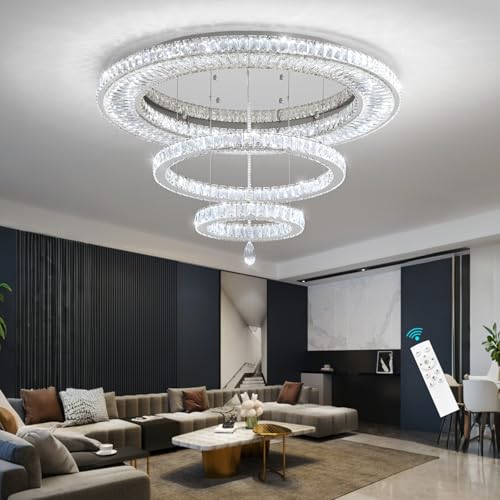 Modern Chandelier for Living Room Large Light Indoor LED Dimmable Lights High Ceiling Chandeliers for Dining Room Foyer Entryway Silver 80W LEDs Fixtures 6400 Lumens (Silver / W40")