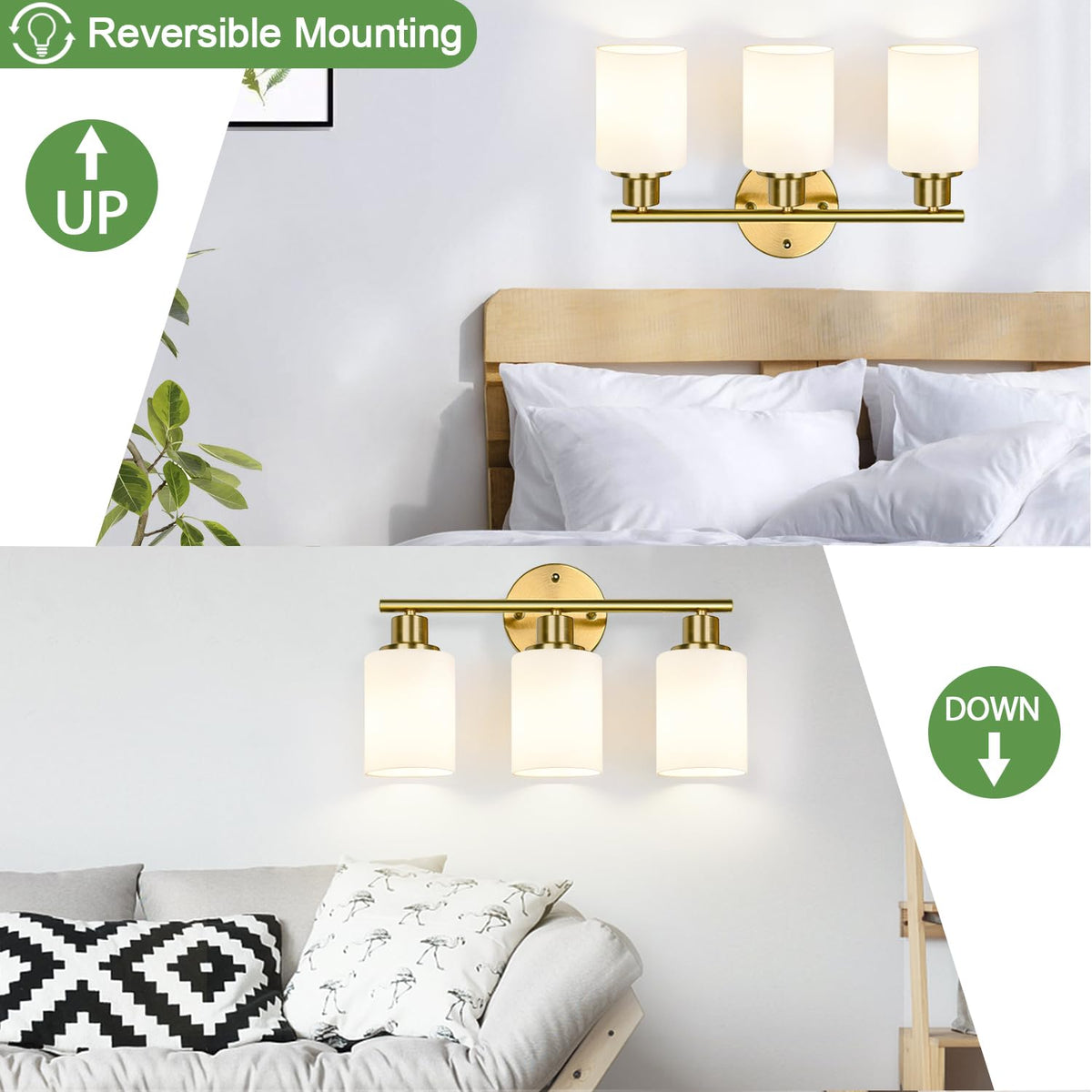 3 Light Bathroom Light Fixtures (Brushed Gold & Milky White Glass / 3-light)