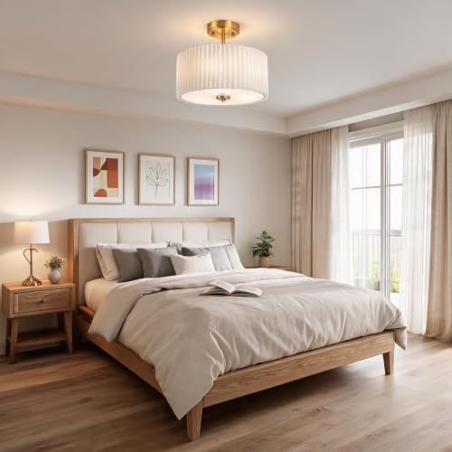 3 Light Semi Flush Mount Ceiling Light Fixture (Gold + Pleated White Shade)