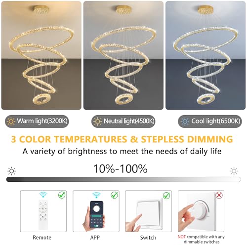 Modern 5 Rings Crystal Chandelier High Ceiling Dimmable LED Chandeliers Adjustable Lighting Fixtures for Living Room Dining Room Foyer Gold (Gold / 5-Ring 40")