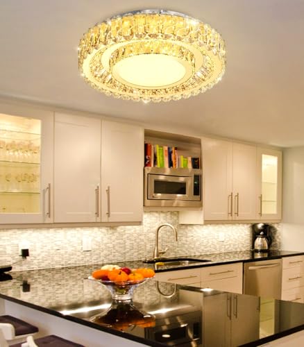 19.6" Dimmable Crystal Chandelier Modern LED Flush Mount Ceiling Light Fixtures for Living Room Bedroom Hallway Kitchen Island Staircase Gold (19.6" Gold)