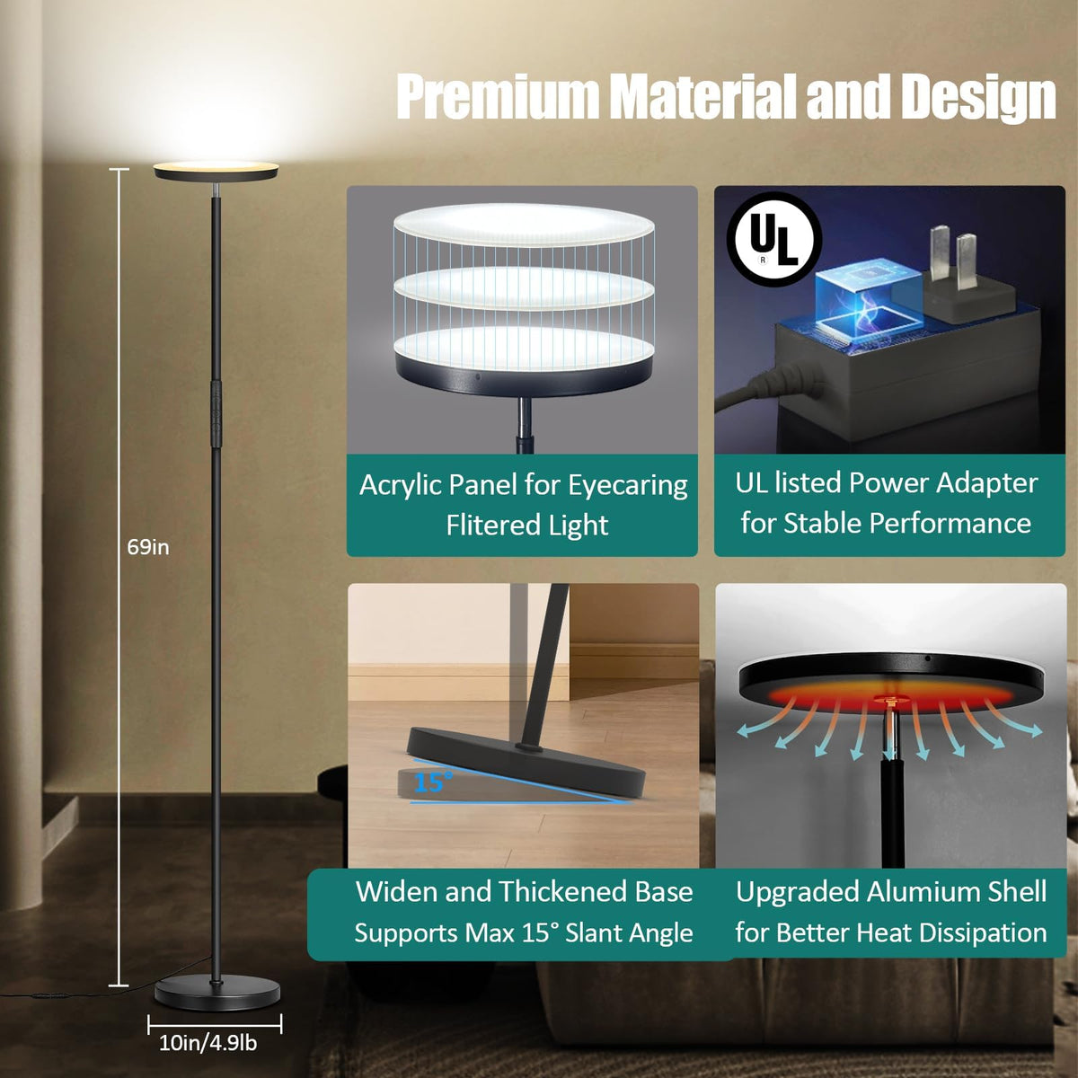 Floor Lamp Upgraded 40W 4000LM Super Bright Torchiere LED Floor Lamps for Living Room (40W Black)