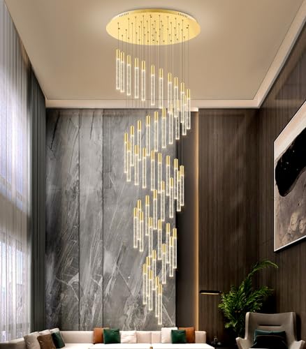 20 Foot 48 Light Gold High LED Dimmable Chandeliers Ceiling Pendant Light Fixtures Remote Control Light Fixtures Crystal Raindrop Fixtures Living Room Staircase Entrances (48 lights / Gold)
