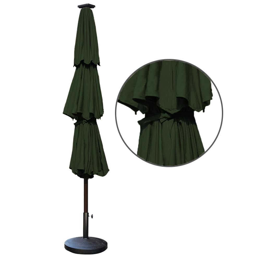 USA 10-Year-Non-Fading 9ft 3-Tier Market Patio Umbrella, Commercial Table Umbrella with 80 Solar LED Lights, Crank Open, Windproof & UPF 50+ UV Protection for Garden, Deck, Pool, Backyard, Fern (Fern / 9 FT(Triple Vents Tilt))