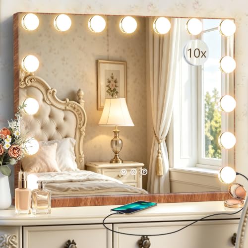 Wood Grain Hollywood Vanity Mirror with Lights (Wood Grain / 23"L x 18"W)