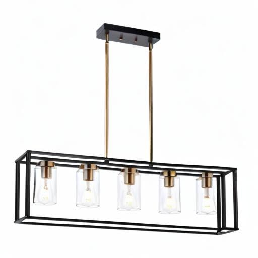 Farmhouse Chandeliers for Kitchen Island with Clear Glass Shade Black and Brushed Brass 5 Light Dining Room Lighting Fixtures Hanging (Brushed Brass / 5 Light)