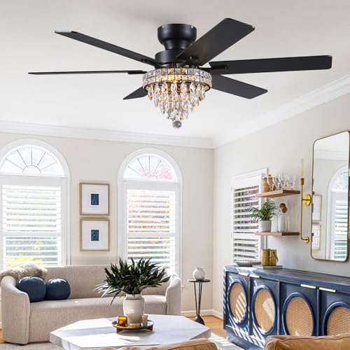 52" Low Profile Crystal Ceiling Fans with LED Lights and Remote (Black-52IN-5018)