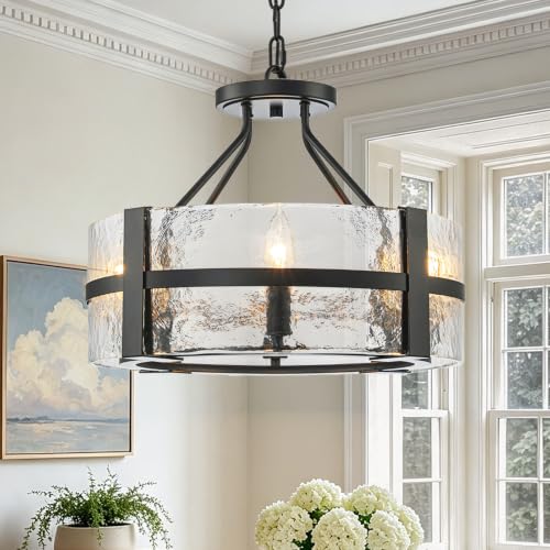 Black Glass Drum Chandelier 18" Modern Glass Chandeliers for Dining Room (Black / 18")