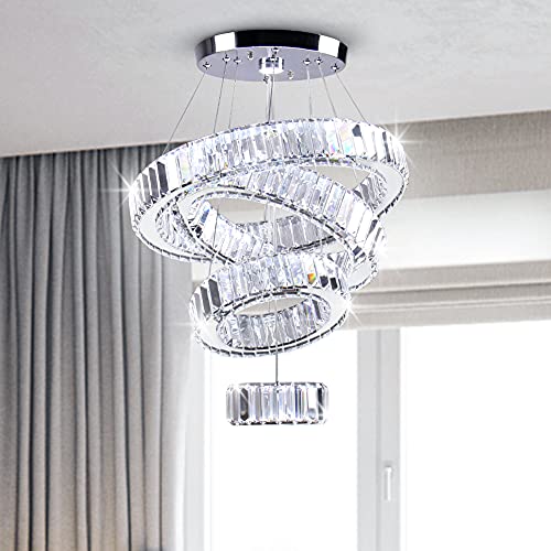 Crystal Chandeliers 4 Rings Chandelier LED Pendant Light Chandelier Ceiling Hanging Light Fixtures for Bedroom Living Room Dining Room Dia