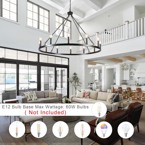 Wagon Wheel Chandelier 12 Light 38" Large Black Farmhouse Chandelier for Dining Room Rustic Country Pendant Light Fixtures Hanging Modern Round Chandeliers for Living Room High Ceilings Foyer Entryway (Black - 12 Lights - 38in)