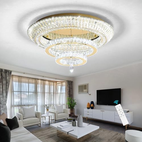 Modern Gold Crystal Chandelier LED Ceiling Light Fixture 60W Dimmable Chandeliers for Living Room Bedroom Foyer (Gold / W32"-Ring)