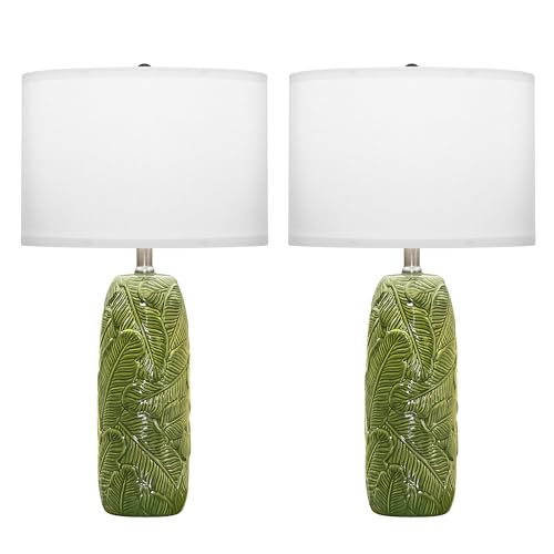 25" Green Ceramic Table Lamps for Living Room Set of 2 with Leaves Design (Green-L)