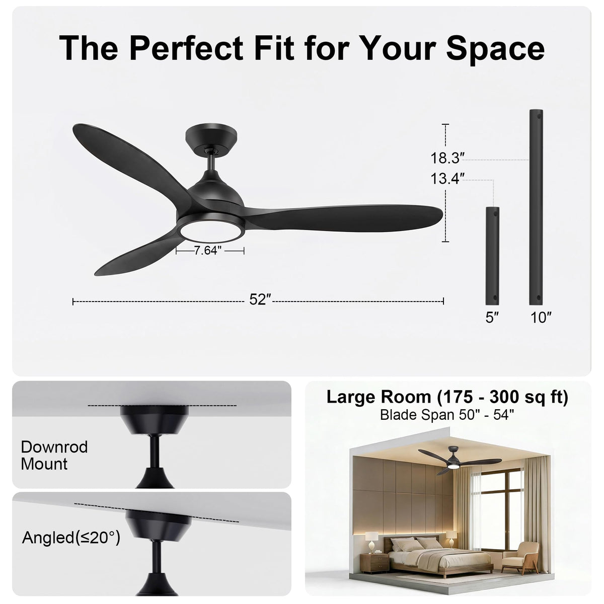 2 Pack 52" Ceiling Fan with Light (Black / 52 Inch)