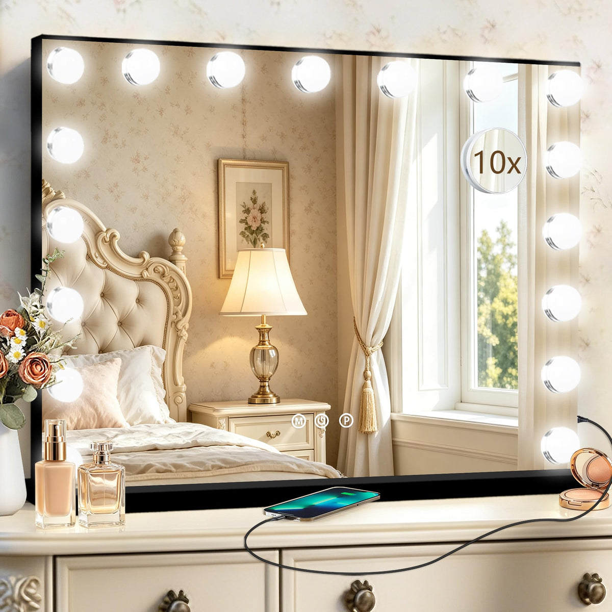 Black Hollywood Vanity Mirror with Lights (Black / 28"L x 20"W)