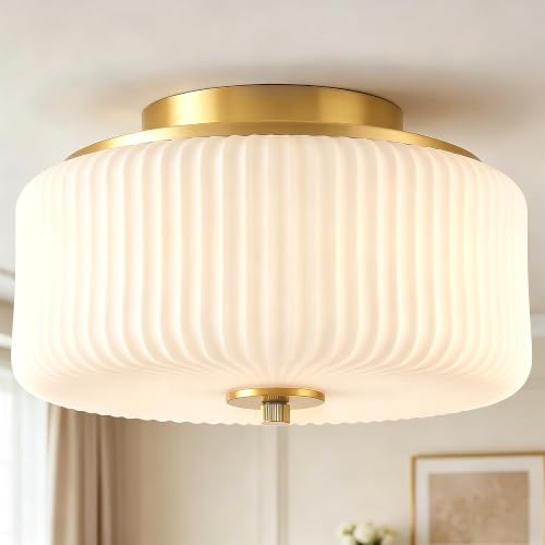 Flush Mount Ceiling Light with 12'' Milk Ribbed Glass Shade for Schoolhouse (Gold/Milk-Flush Mount)