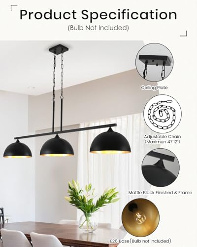3 Light Island Light for Kitchen (3 Light / Black)