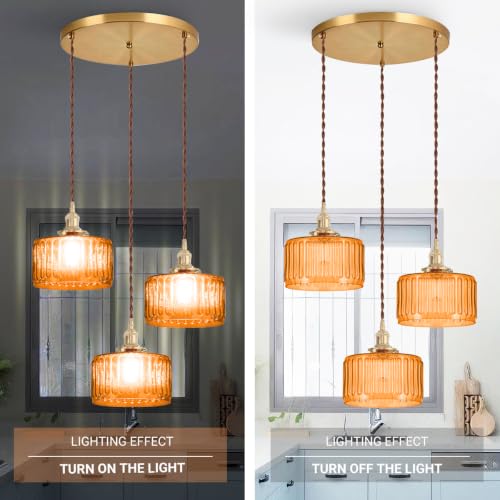 3 Lights Orange Glass Pendant Light 59" Adjustable Cord Hanging Lamp (Orange-3L)