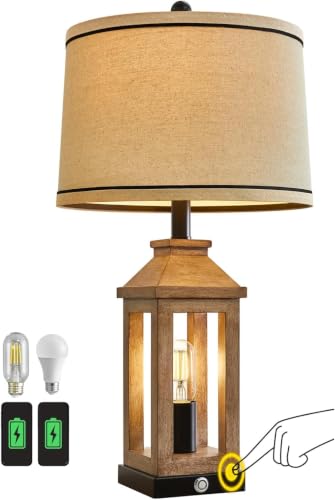 23.75" Farmhouse Table Lamps USB A+C Charging Ports 3 (Wood)