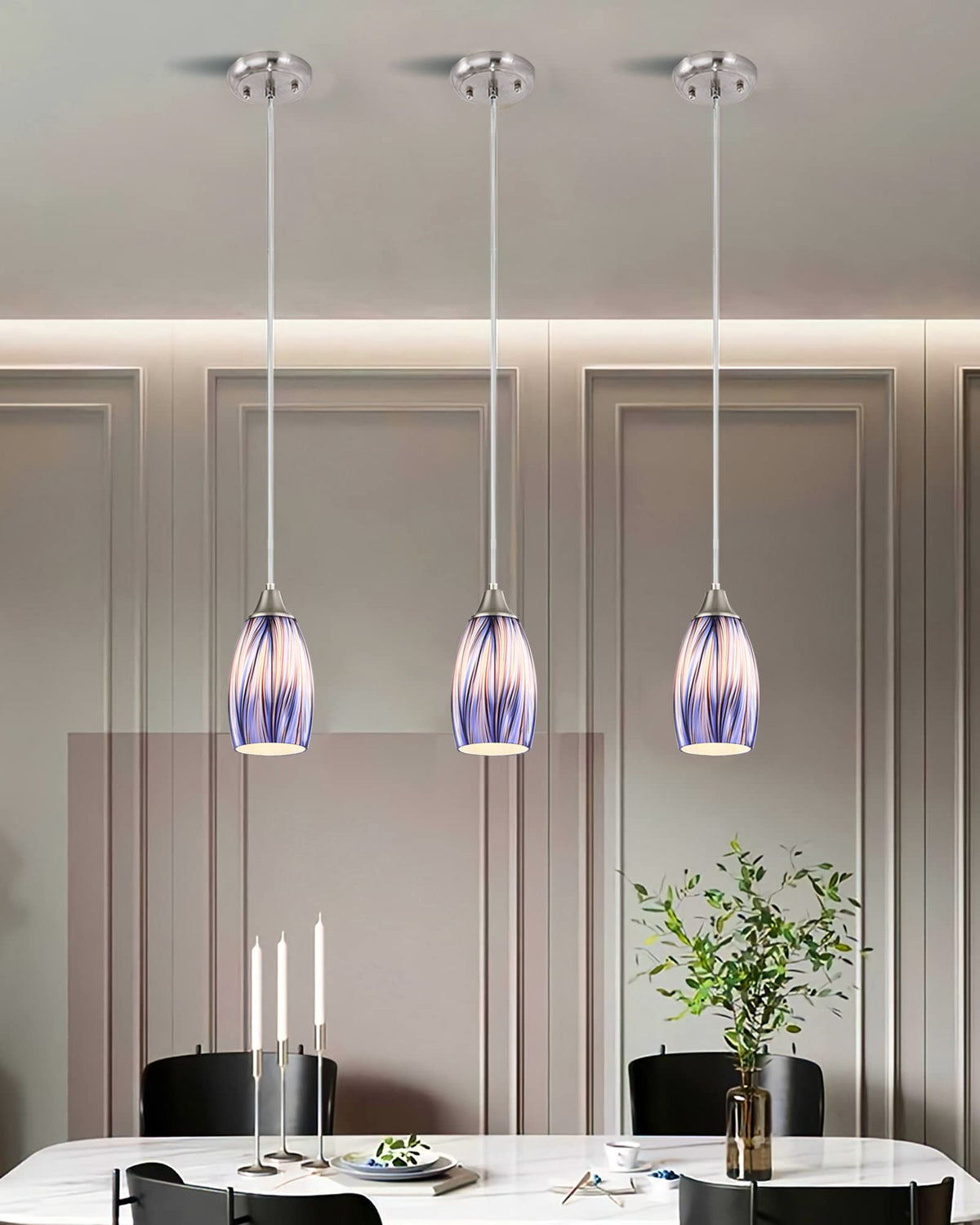 Dark Blue Glass Mini Pendant Lights for Kitchen Island 3Pack Blown Art Glass Pendant Lighting Shade Hanging Pendant Lights with Brushed Nickel Finish for Kitchen Over Sink (Dark Blue mixing Brown black-3Packs)