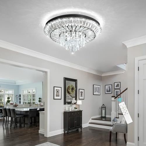 Crystal Chandelier 40W Modern Round Ceiling Light Fixture LED Raindrop Chandeliers Dimmable with Remote for Dining Room Living Room Entryway Hallway Bedroom Black (Black / W20")