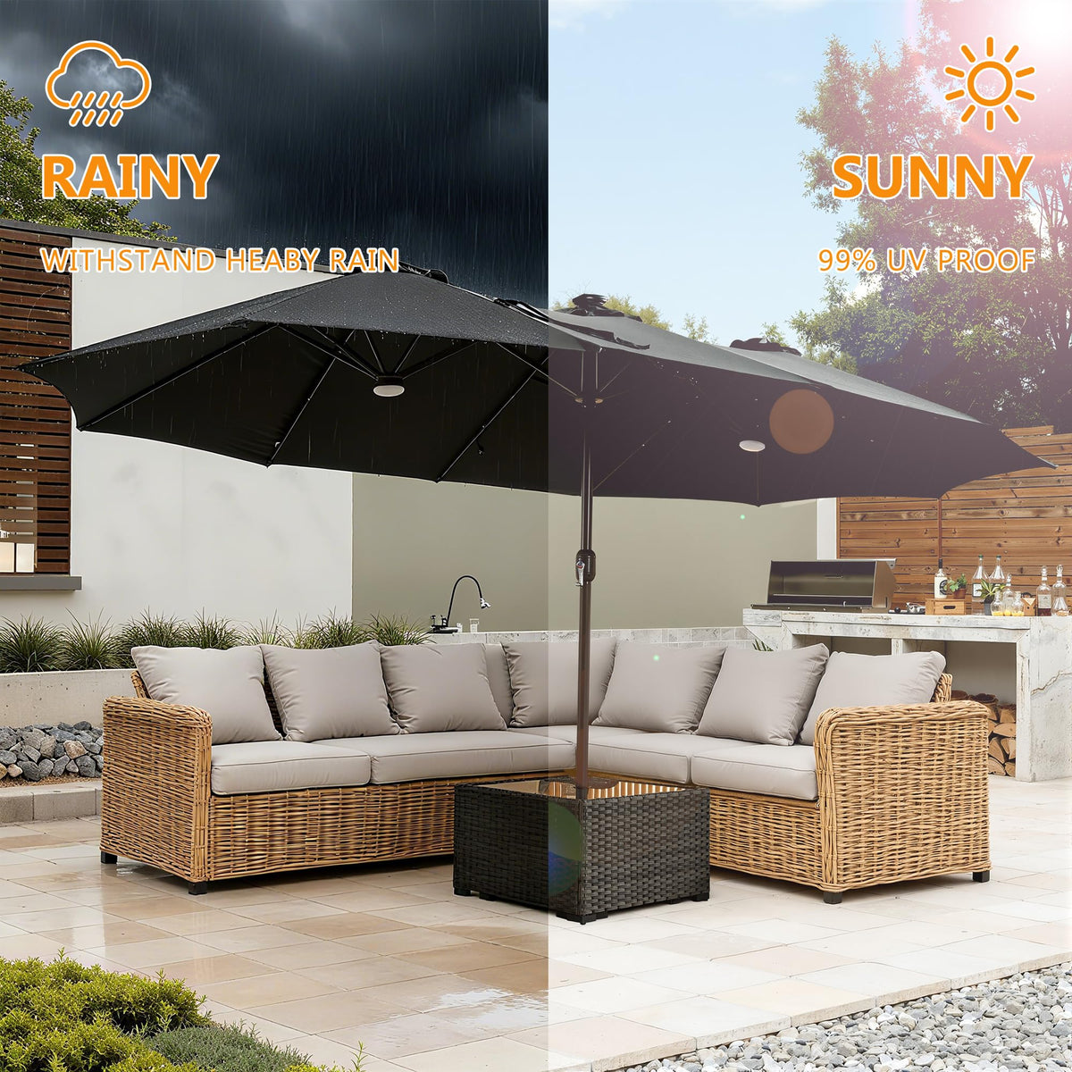 15FT Double Sided Rectangular Patio Umbrella with USB Rechargeable Warm LED Lights (Dark Gray)