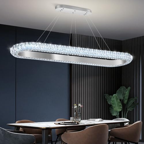 47'' Oval Ring Crystal Chandelier Modern LED Dimmable Ring Pendant Light Chandelier for Dining Room Living Room Silver (Silver / 1 Ring Oval 47")