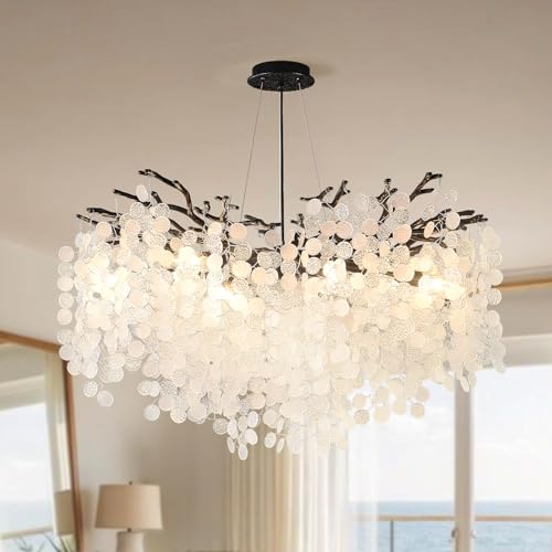 10 Light Capiz Shell Light Fixture 32" Black Crystal Branch Chandelier (Black / 32-inch 10 Light)